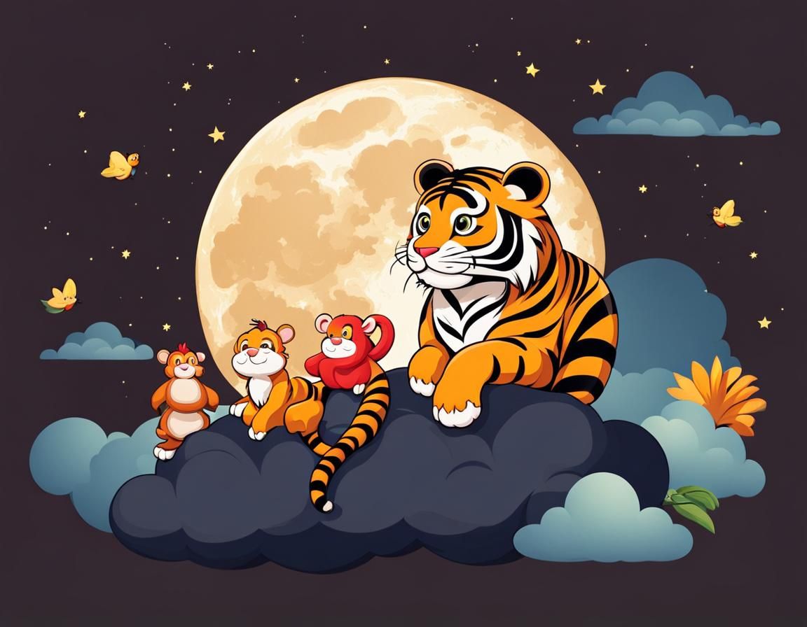 Cute Tiger on Cloud with Rooster and Monkey