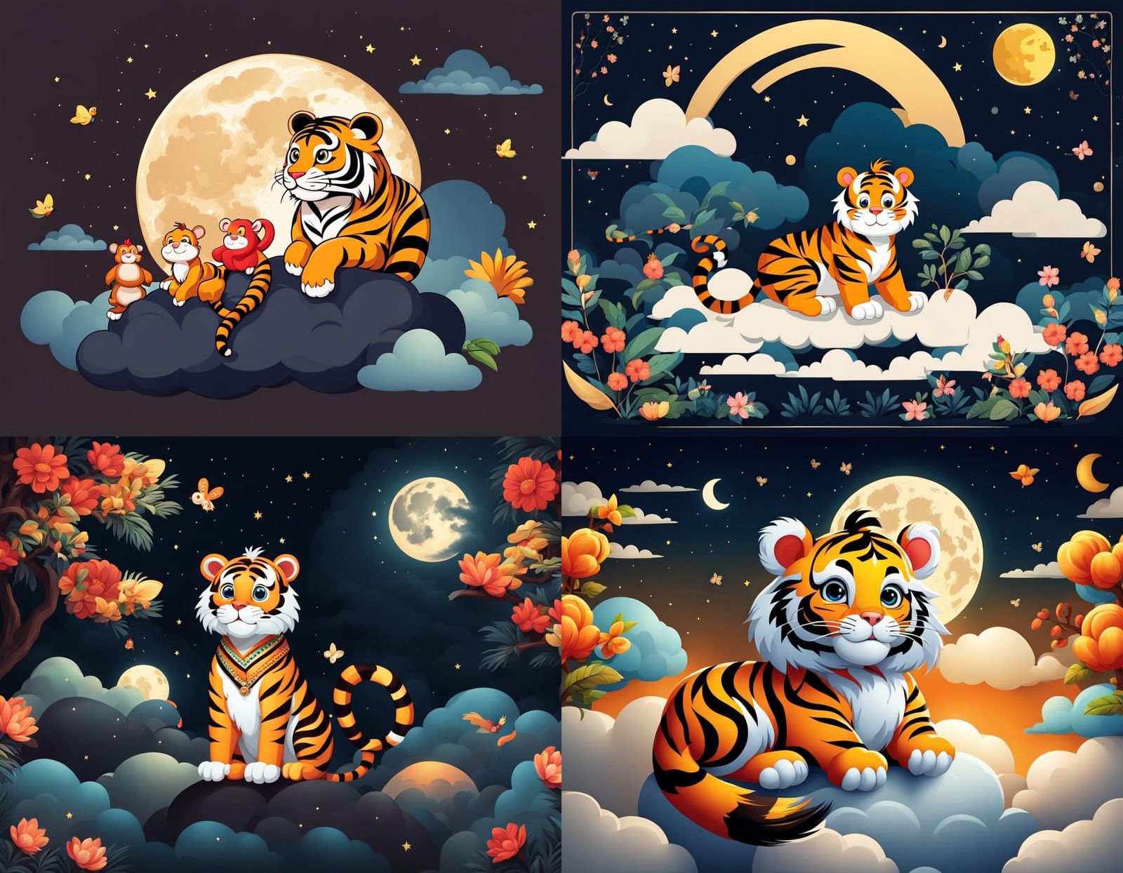 Cute Tiger on Cloud with Rooster and Monkey