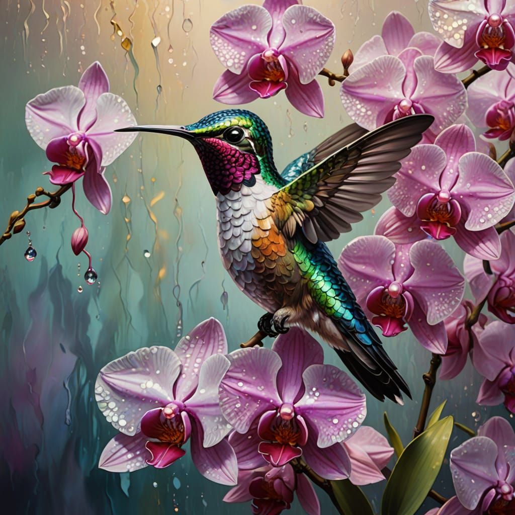 Surreal Sequin Hummingbird Amidst Pink Orchids