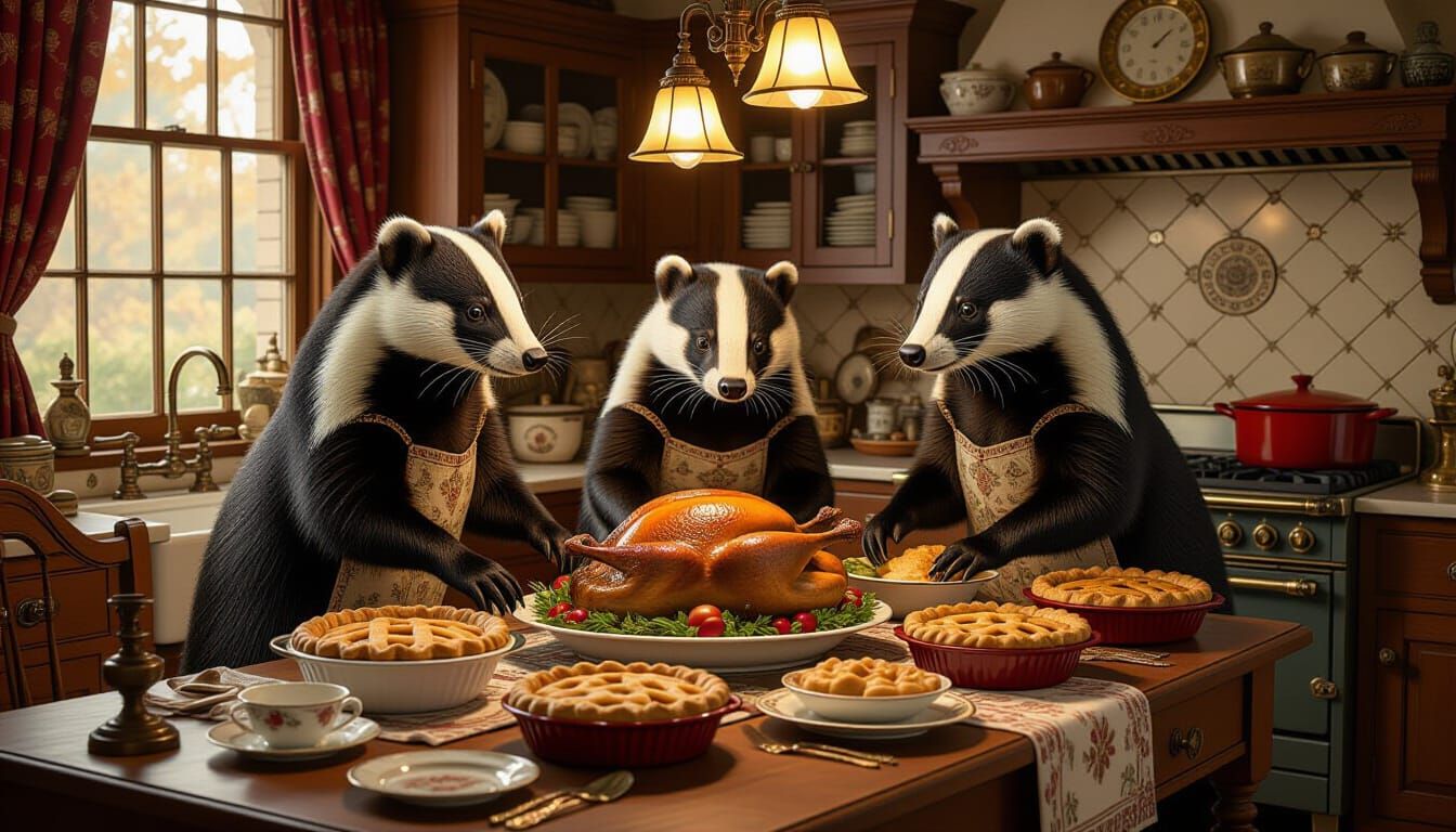 Anthropomorphic Badger Family's Victorian Thanksgiving Feast