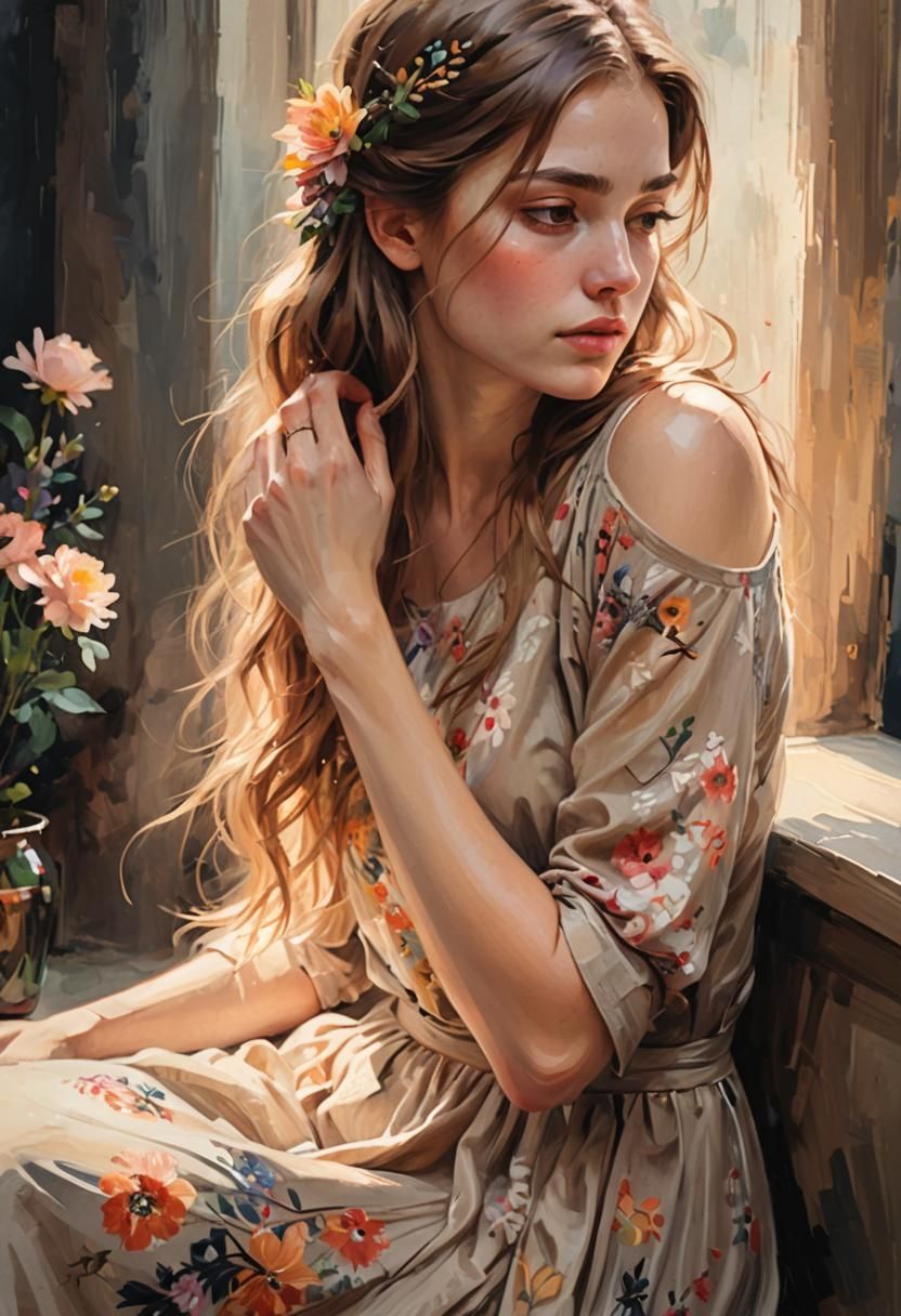 Contemplative Woman in Impressionistic Digital Painting