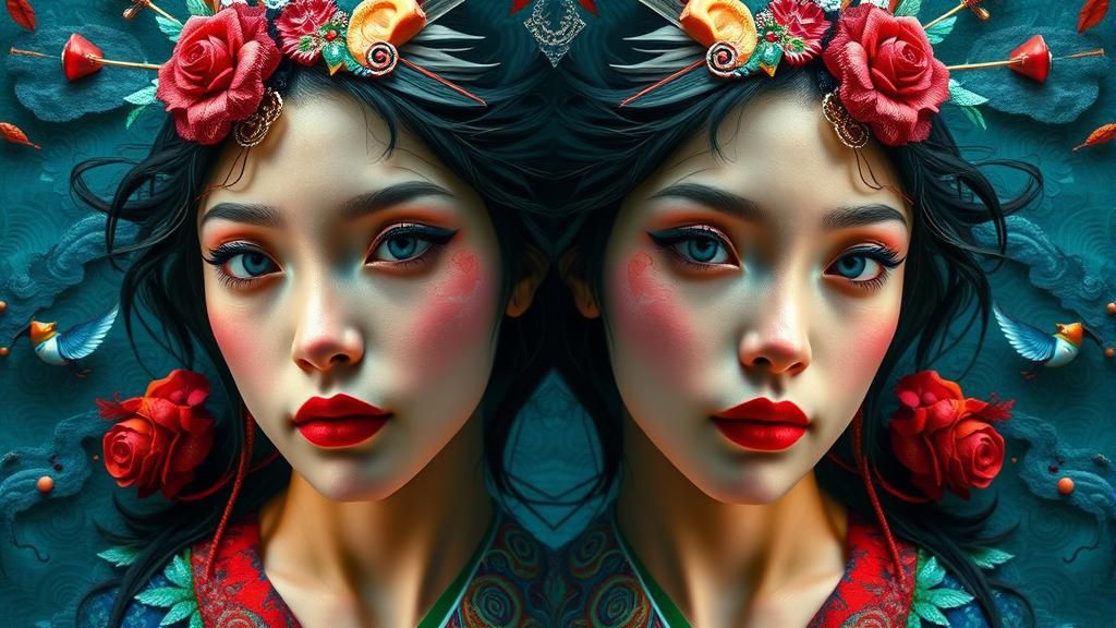 Surreal Symmetrical Portrait in Japanese Art Style
