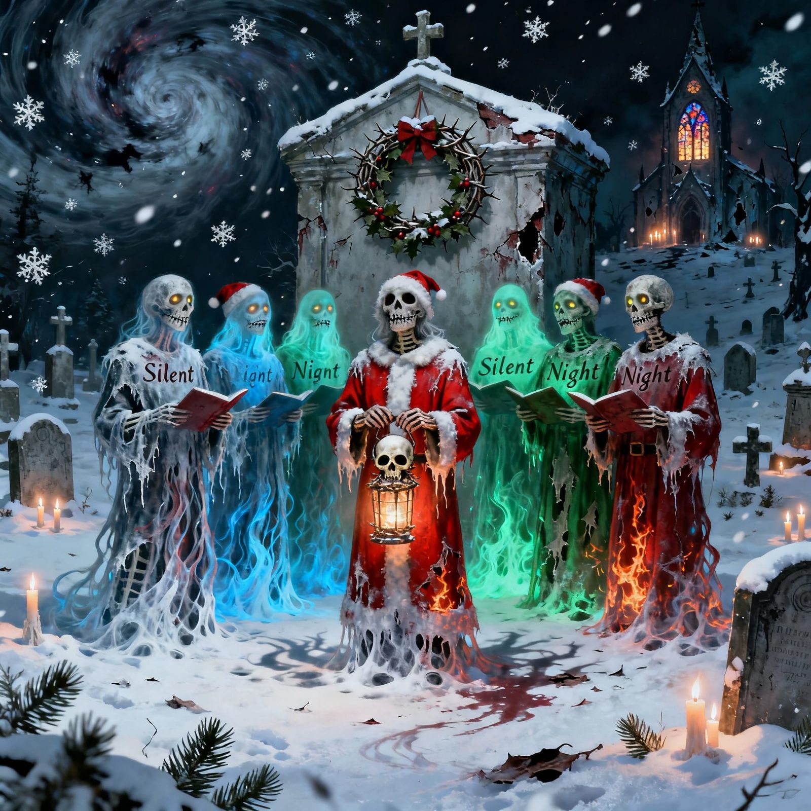 Gothic Undead Carolers in Snowy Graveyard