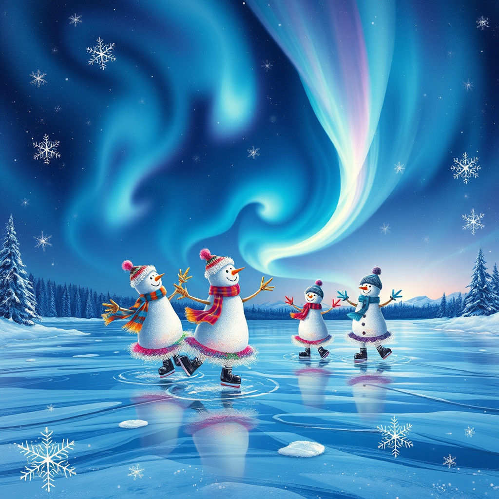 Iridescent Snowmen Ice Skating Under Astral Aurora