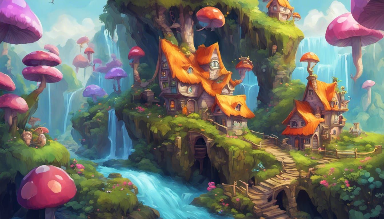 Fantasy Village with Baby Dragons: Digital Art
