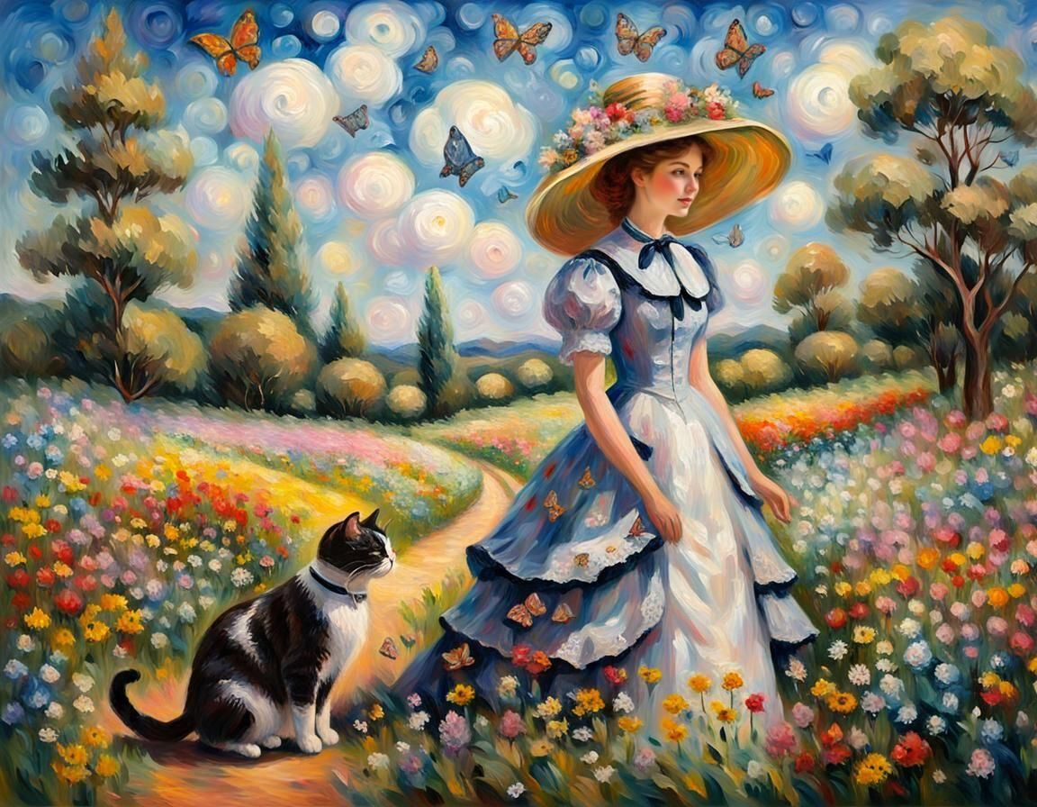 Woman with Cat in Wildflowers: Impressionist Oil Painting