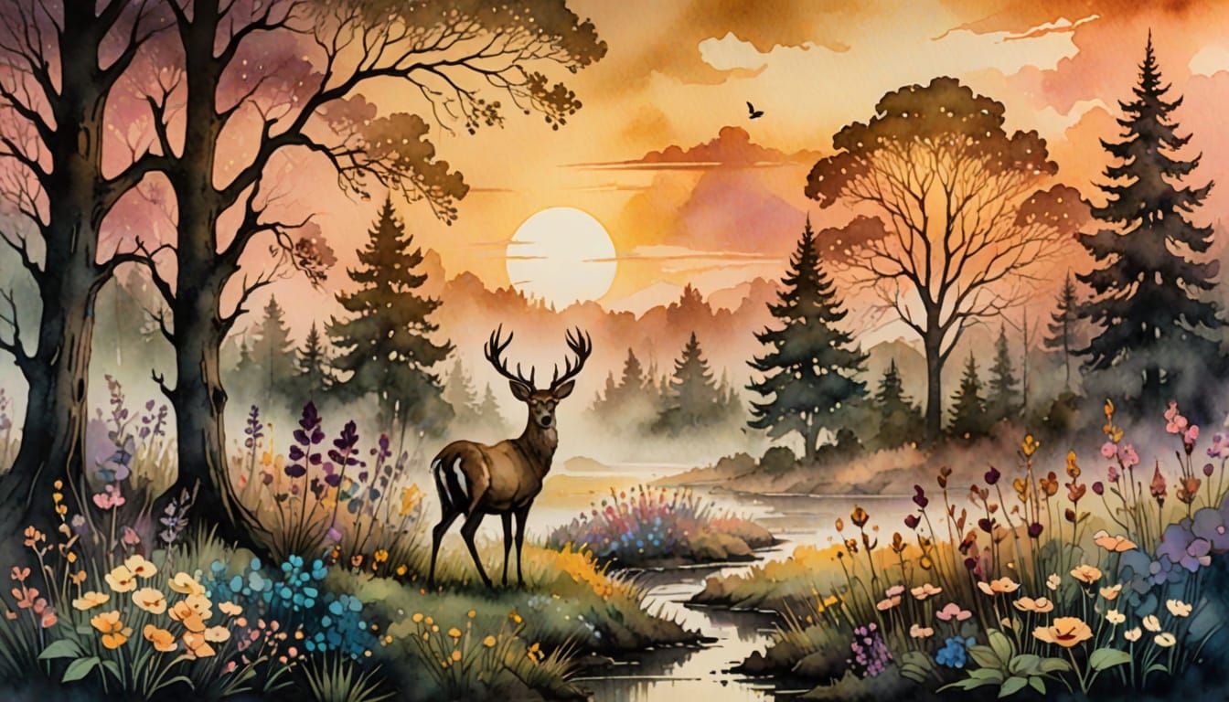 Mystical Deer in Golden Hour Garden: Watercolour Art