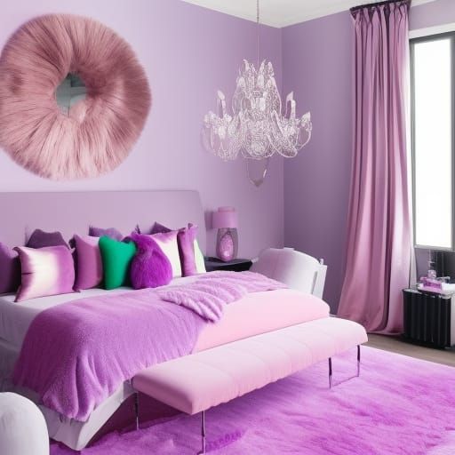 Cotton candy pink penthouse with with fluffy cotton candy pink walls with lilac purple accents& Rainbow metallic windows...