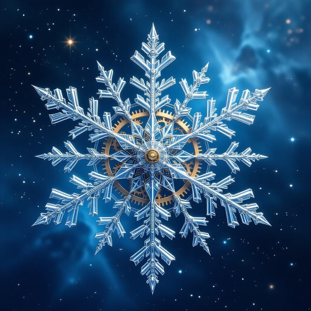 Steampunk Snowflake Clockwork Floating in Cosmic Space