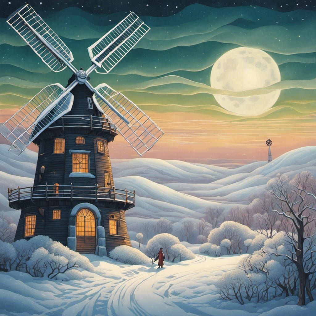 Fairytale Windmill in Snowy Winter Landscape