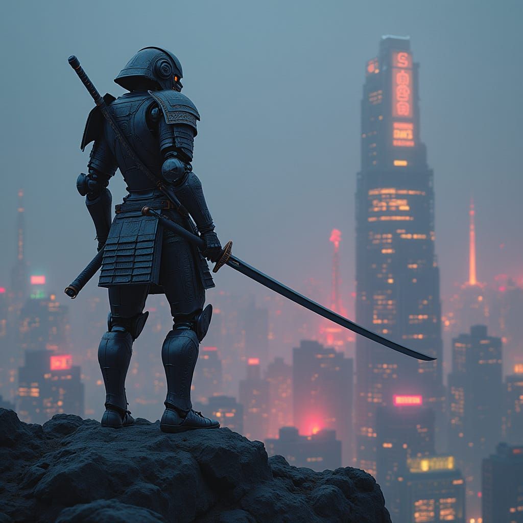 Robot Samurai Overlooks Cyberpunk Cityscape