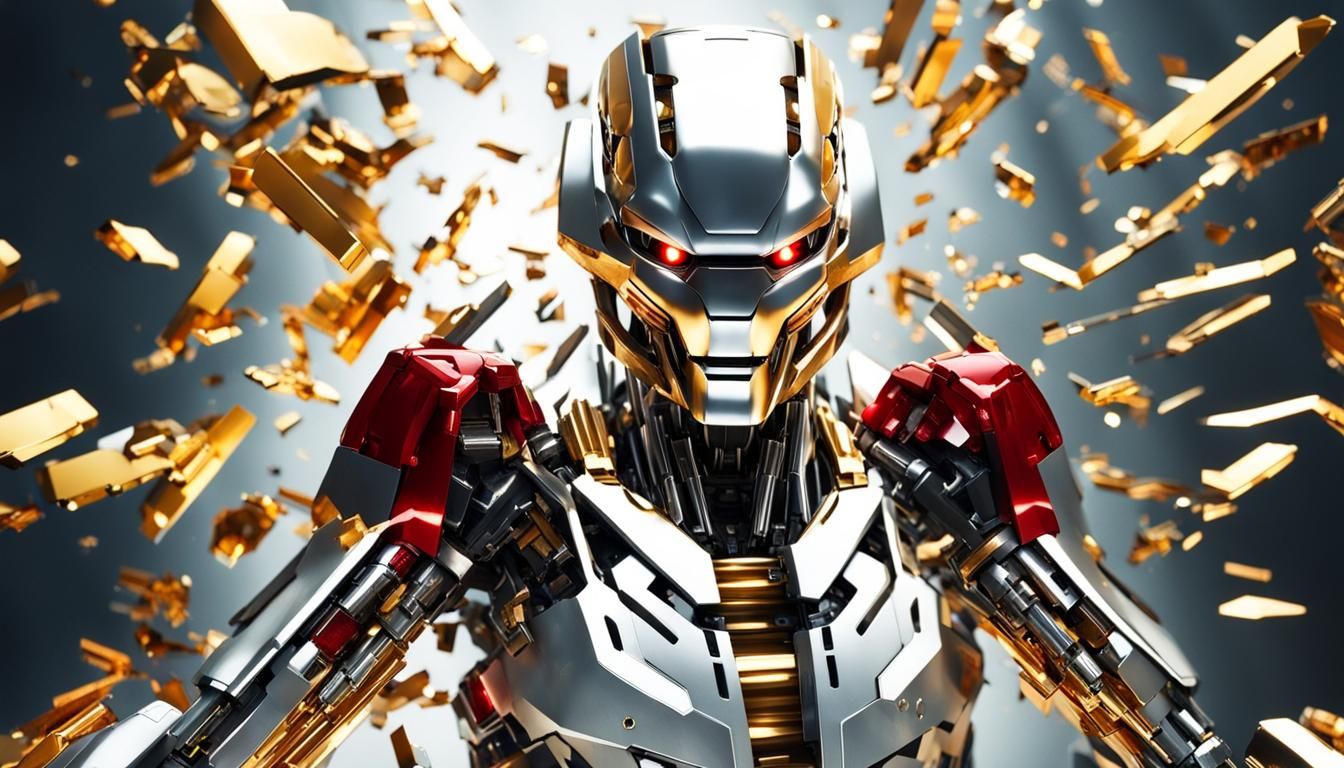 Metallic Robot Shattering in Sci-Fi Scene