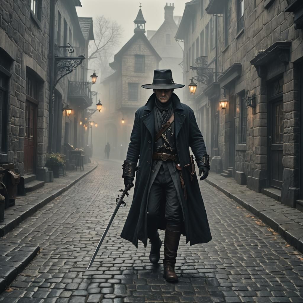 Van Helsing on Cobblestone Street in Film Still