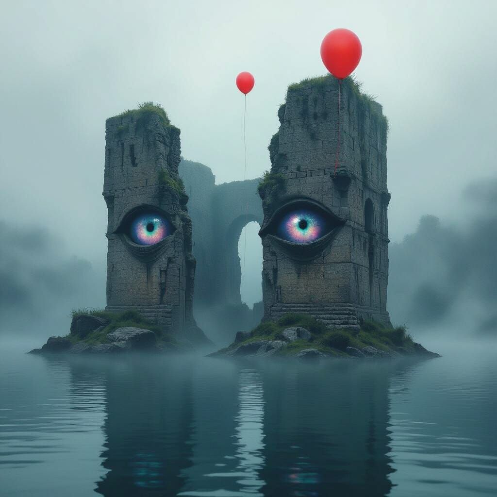 Ancient Ruin with Luminous Eyes in Misty Lake