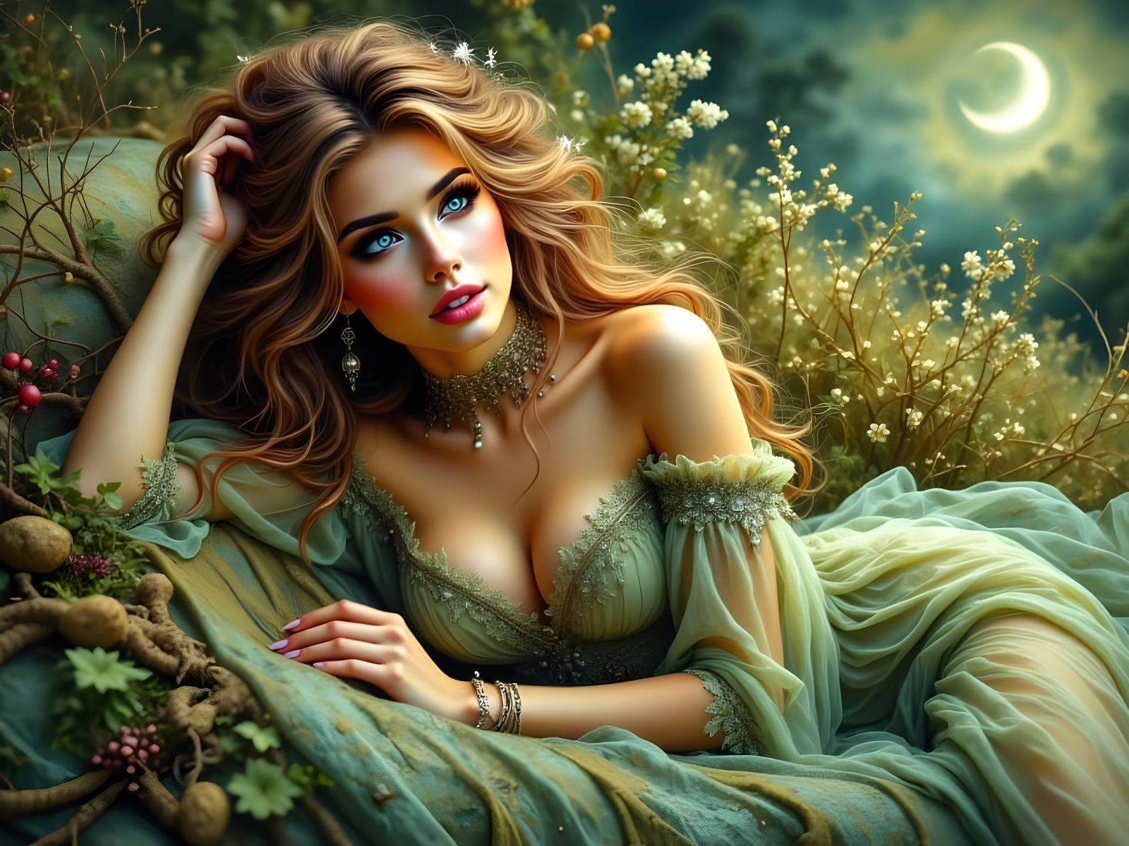 Norse Goddess Reclines in Idyllic Moonlight