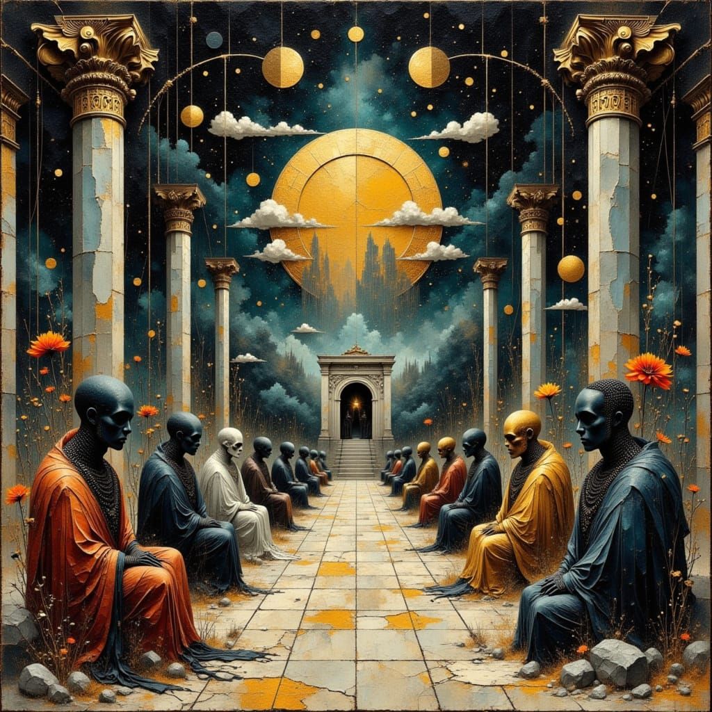 Surreal Underworld with Judge Gods in Oil Painting