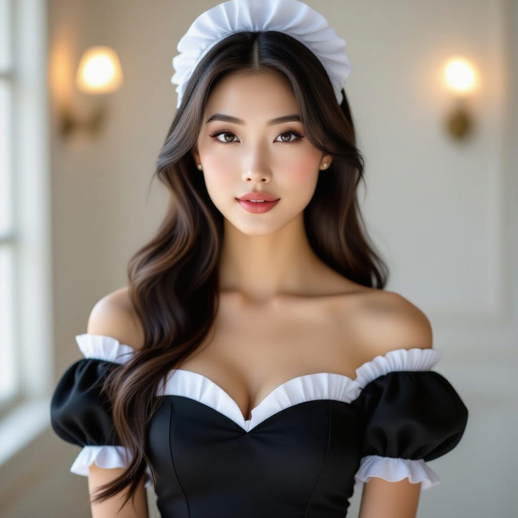 Elegant Asian Woman in French Maid Dress: Photorealistic Por...