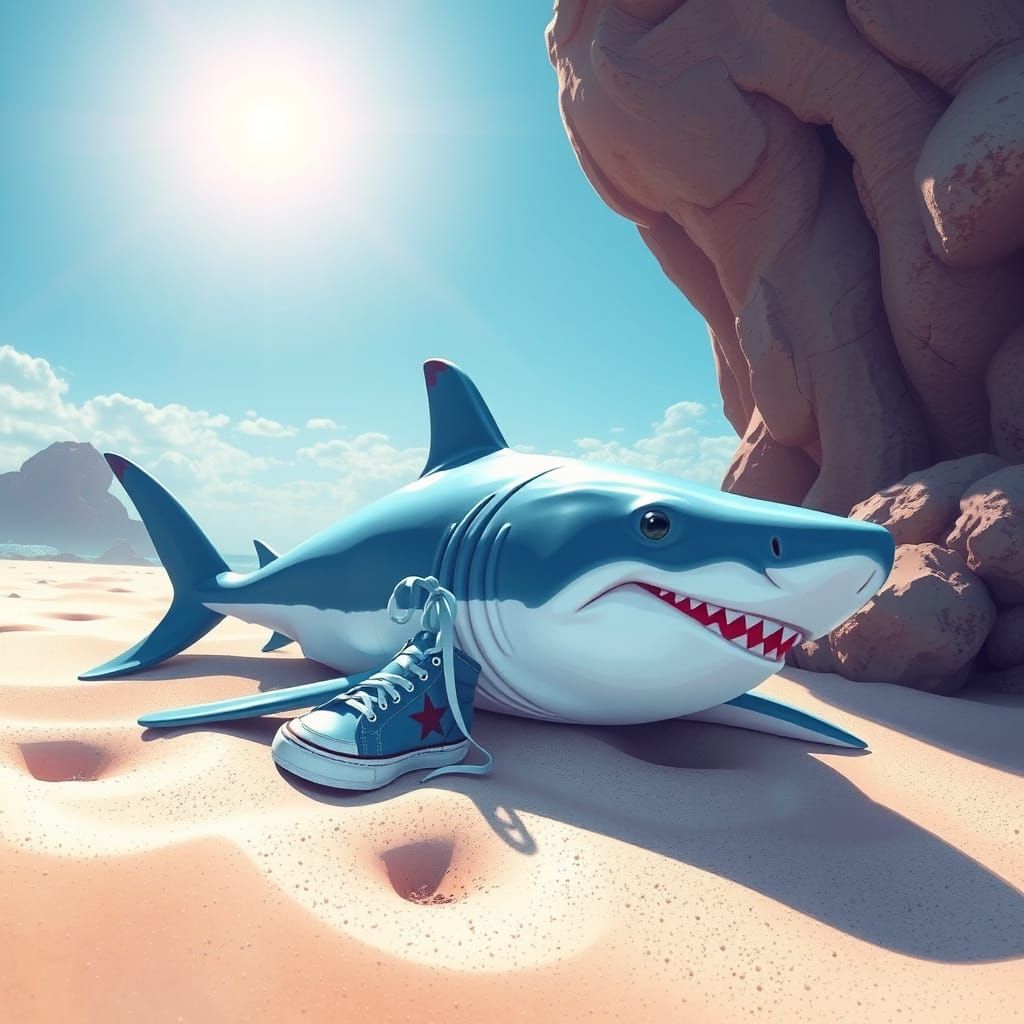 Surreal Beach Scene with Shark in Vibrant Dreamlike Colors