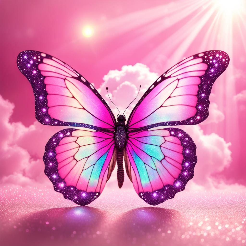 Pink Iridescent Butterfly with Sunshine Beams