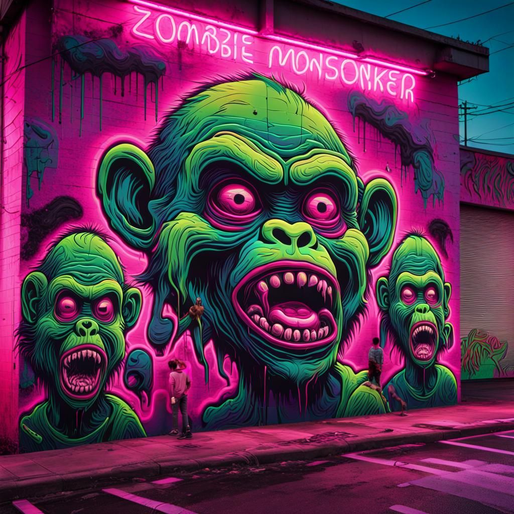 Synthwave Zombie Monkey Clown Street Art Mural