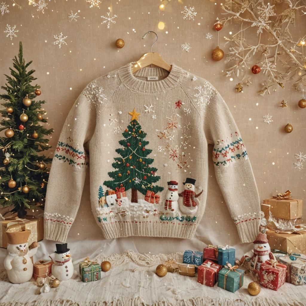 Winter Wonderland Christmas Sweater Scene in Folk Art Style