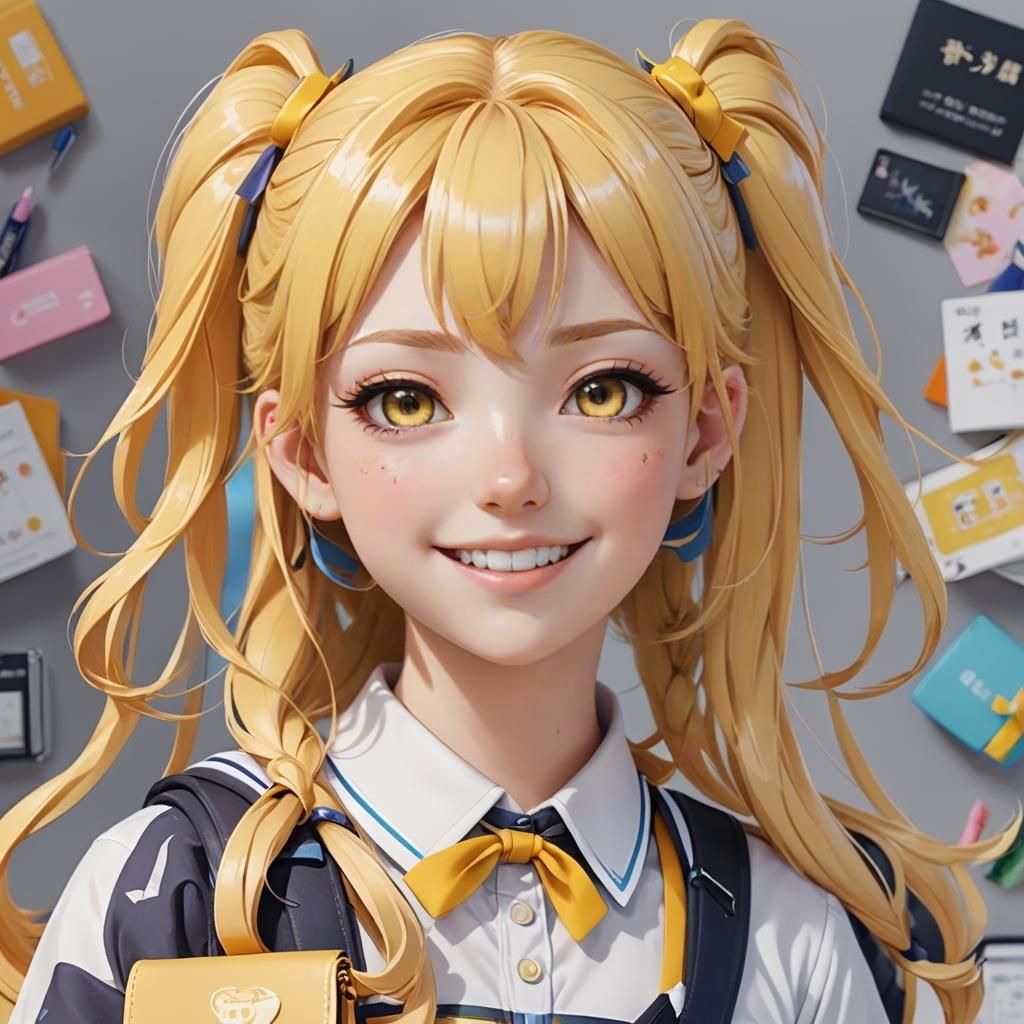 Anime Schoolgirl with Yellow Hair in 3D