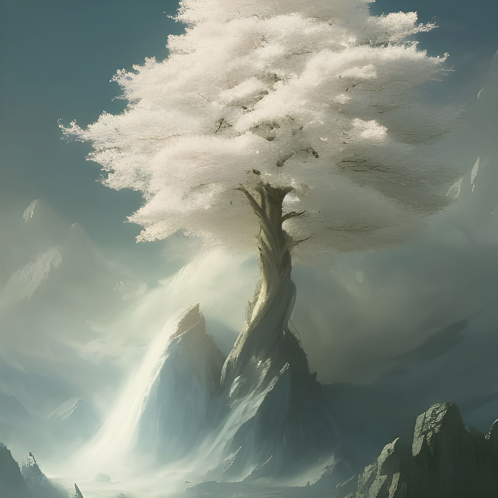 Ethereal Blossoming White Tree Fantasy Art