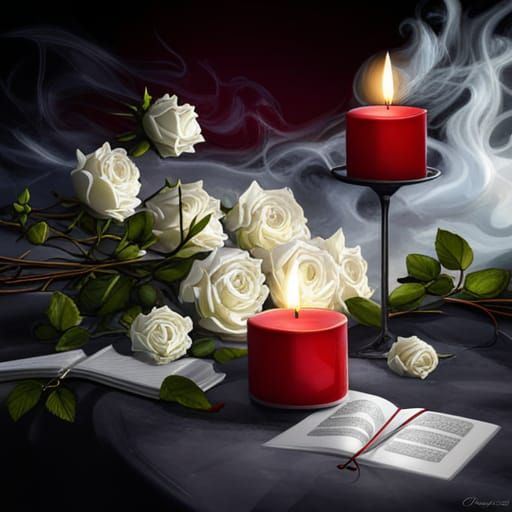 Roses and Candles with Spell Book in Watercolor