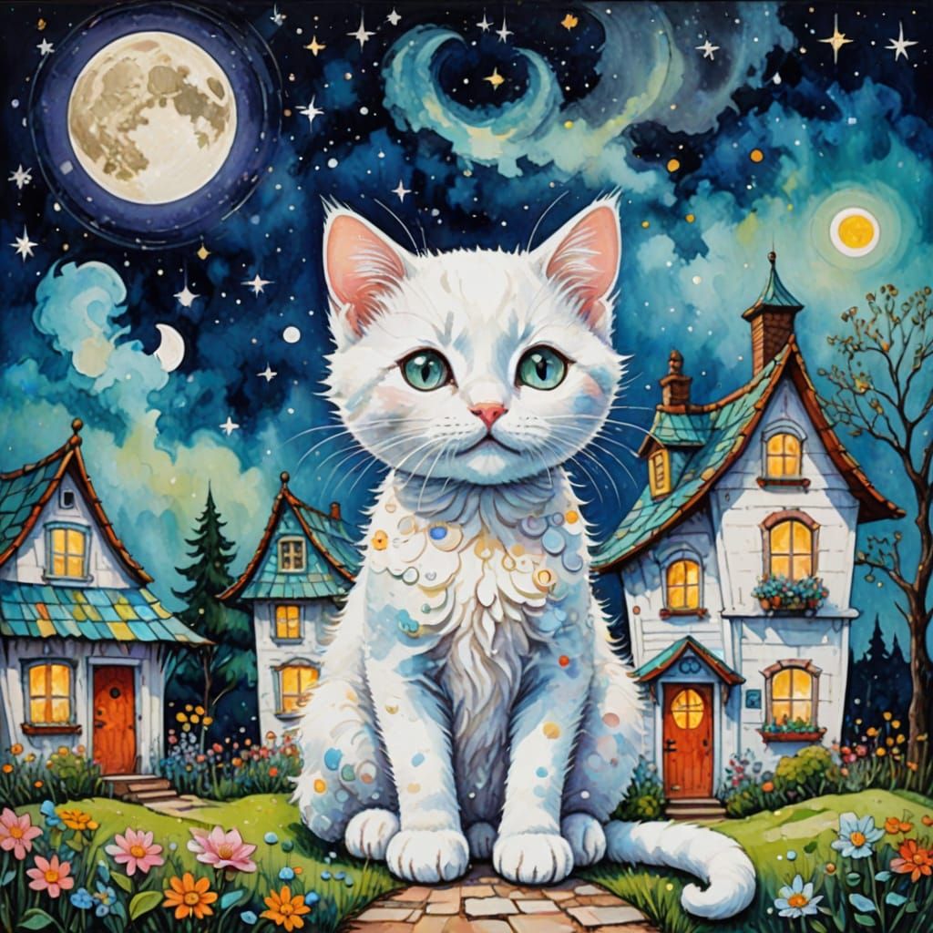 Whimsical Daytime Scene with a White Kitten and a Girl