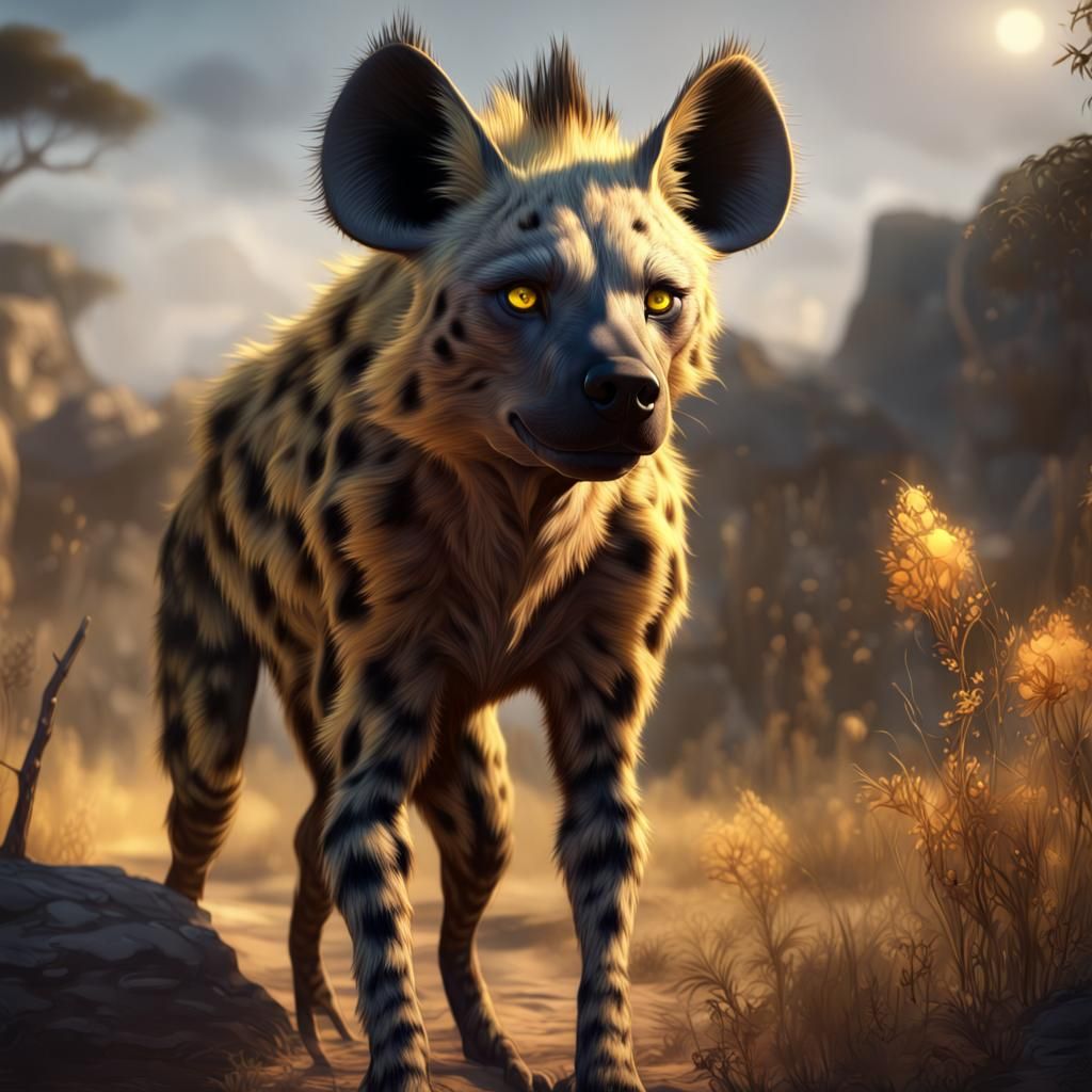 a male hyena furry with yellow eyes, living in africa