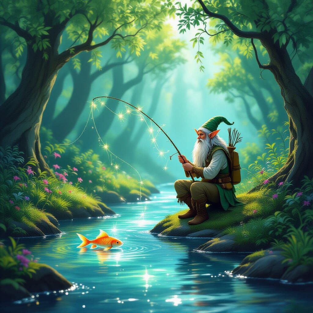 Elf Fisherman on Magical Forest Creek with Shimmering Vine