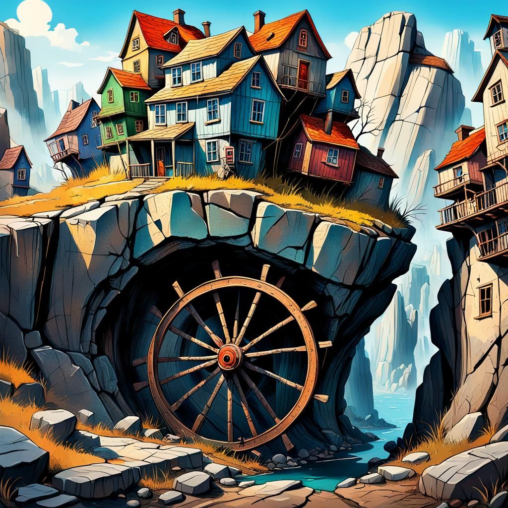 Surreal Houses on a Wheel Through Cracked Rock