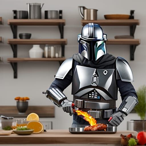 Mandalorian Chef Searing Tuna with Flamethrower Gauntlet