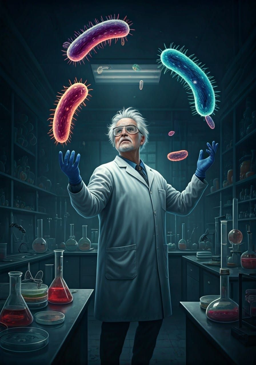 Scientist Juggling Bacteria in a Vibrant Lab