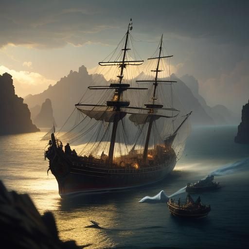 Ancient Naval Confrontation in Warm Golden Light