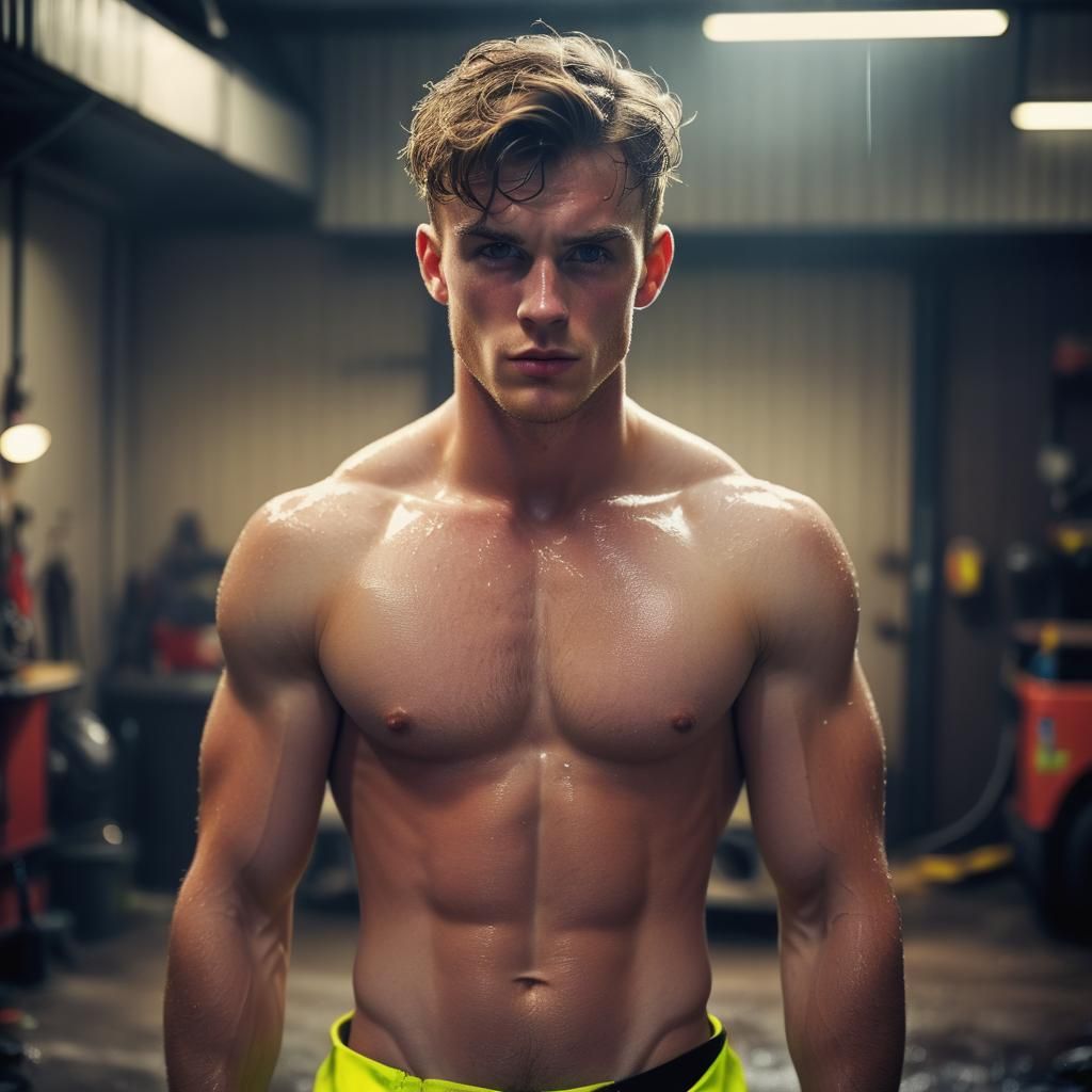 Sweat-Drenched Mechanic in Moody, High-Contrast Portrait