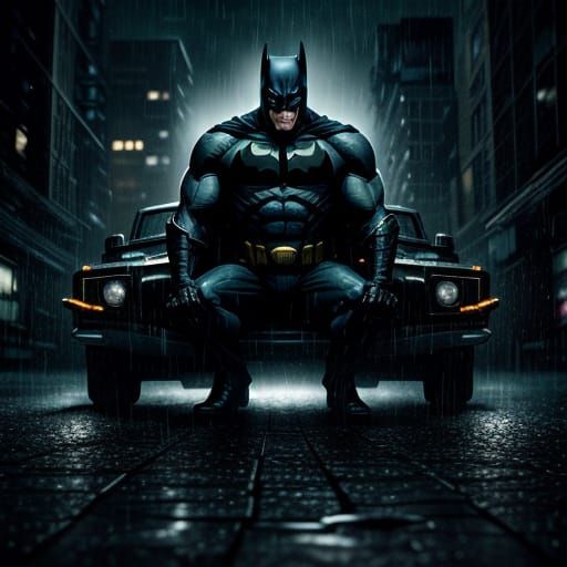 Batman and Batmobile at Midnight in Comic Book Style