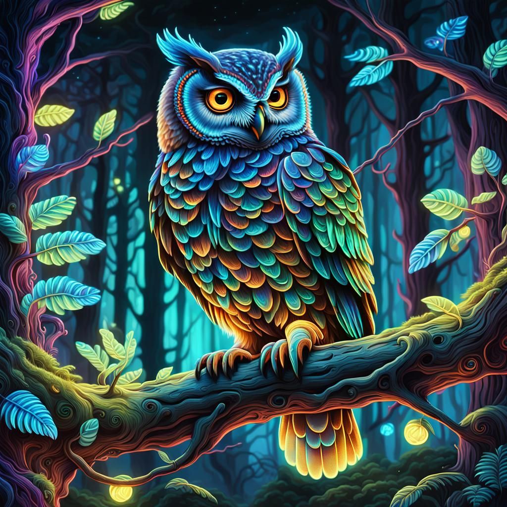 An owl  with vibrant neon bioluminescent lights illuminating...