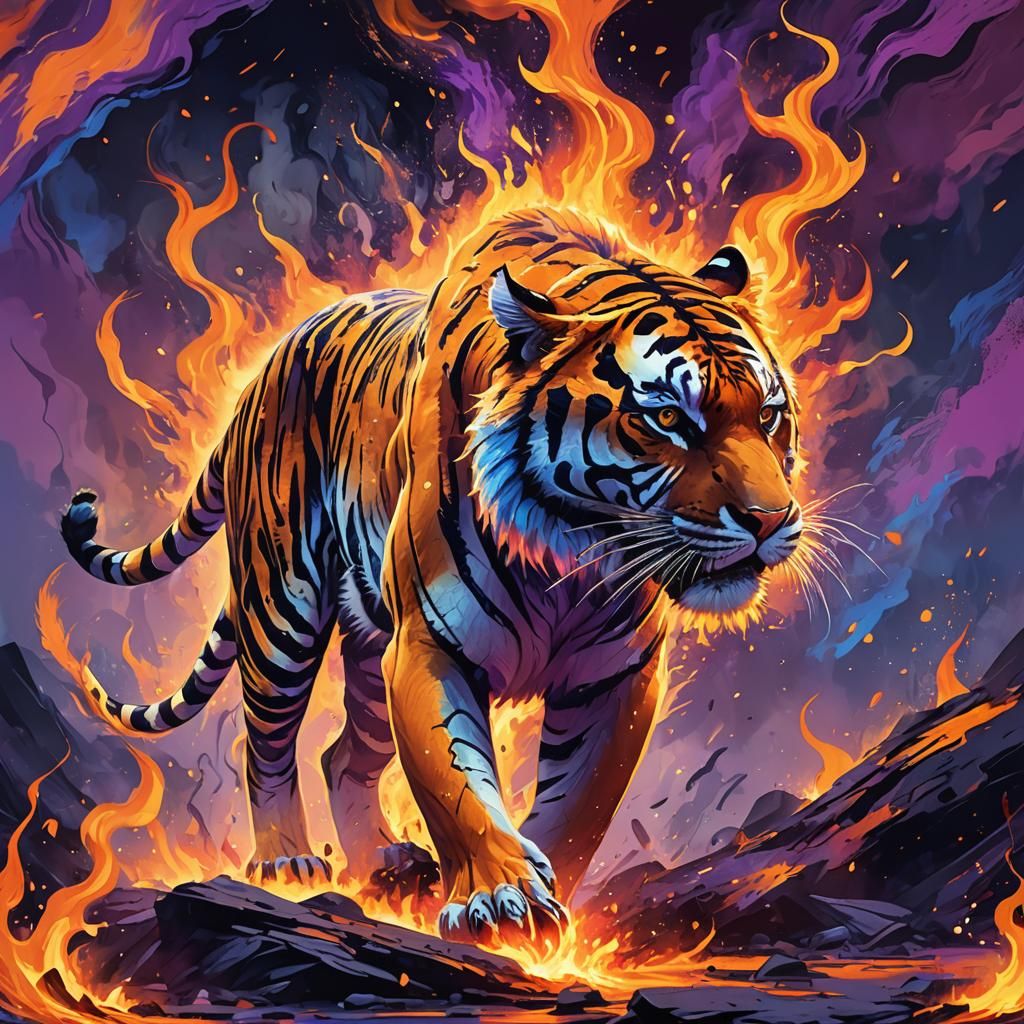 Fiery Tiger Ablaze in Fantasy Savannah, Abstract Expressioni...
