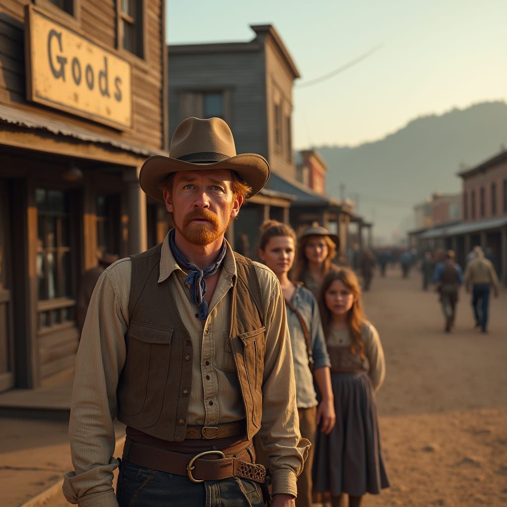 1870s Western Scene: Man, Woman, Children at General Store
