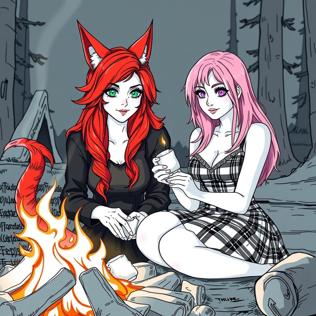 Women with Cat Ears Making S'mores in Line Art