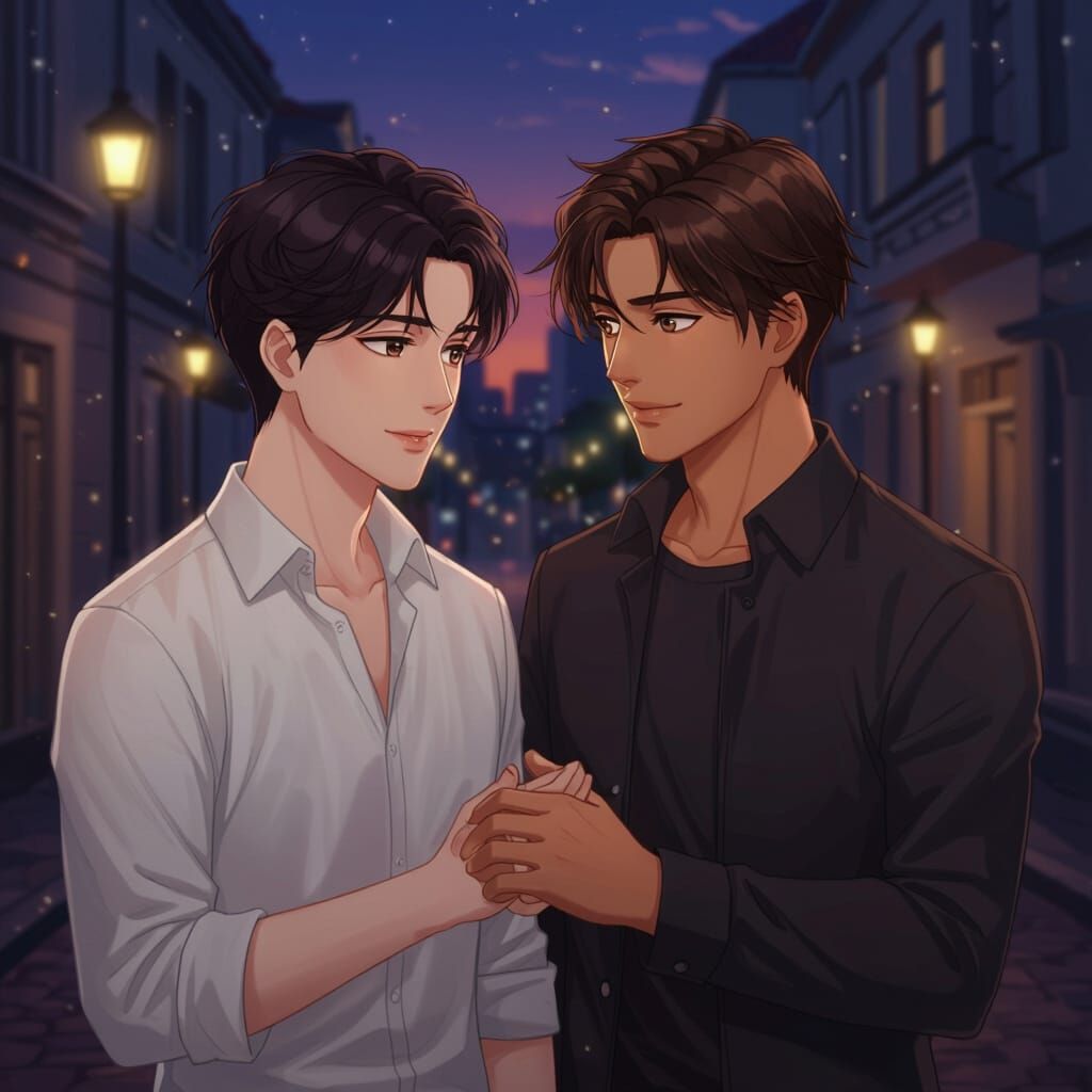 Romantic Anime Scene: Two Men in Twilight City Street