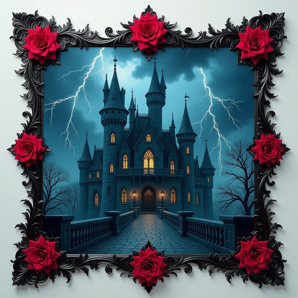 Gothic Dark Romance Castle Scene with Thorny Roses Border