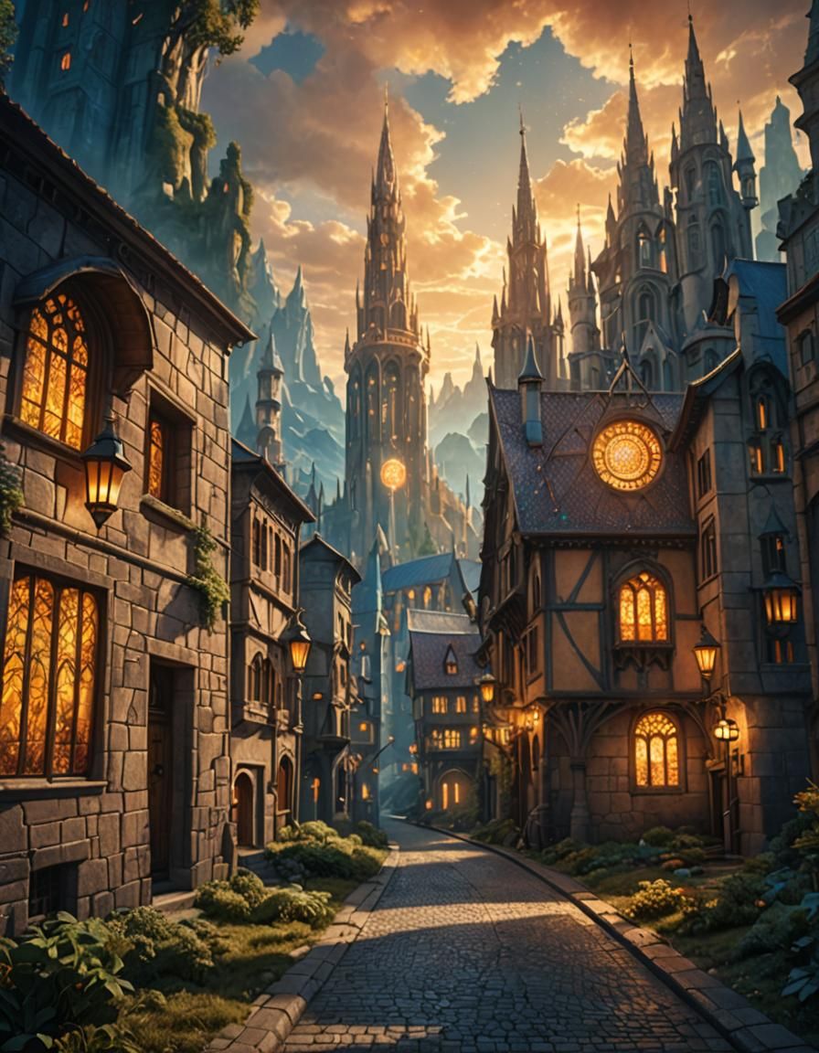 Magical City with Spires and Lanterns: Matte Painting