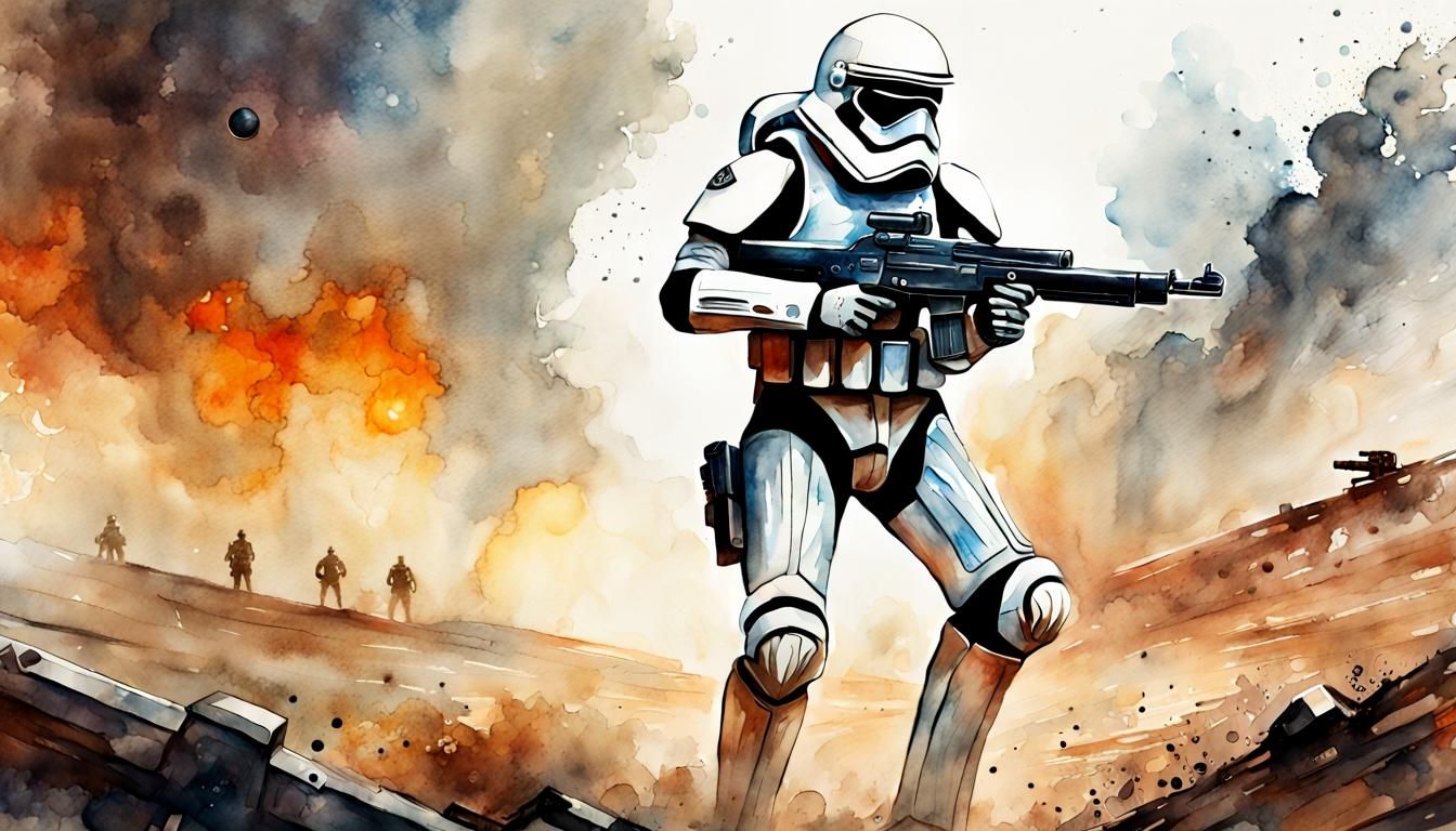 Space Trooper Battlefield Scene in Watercolor Style
