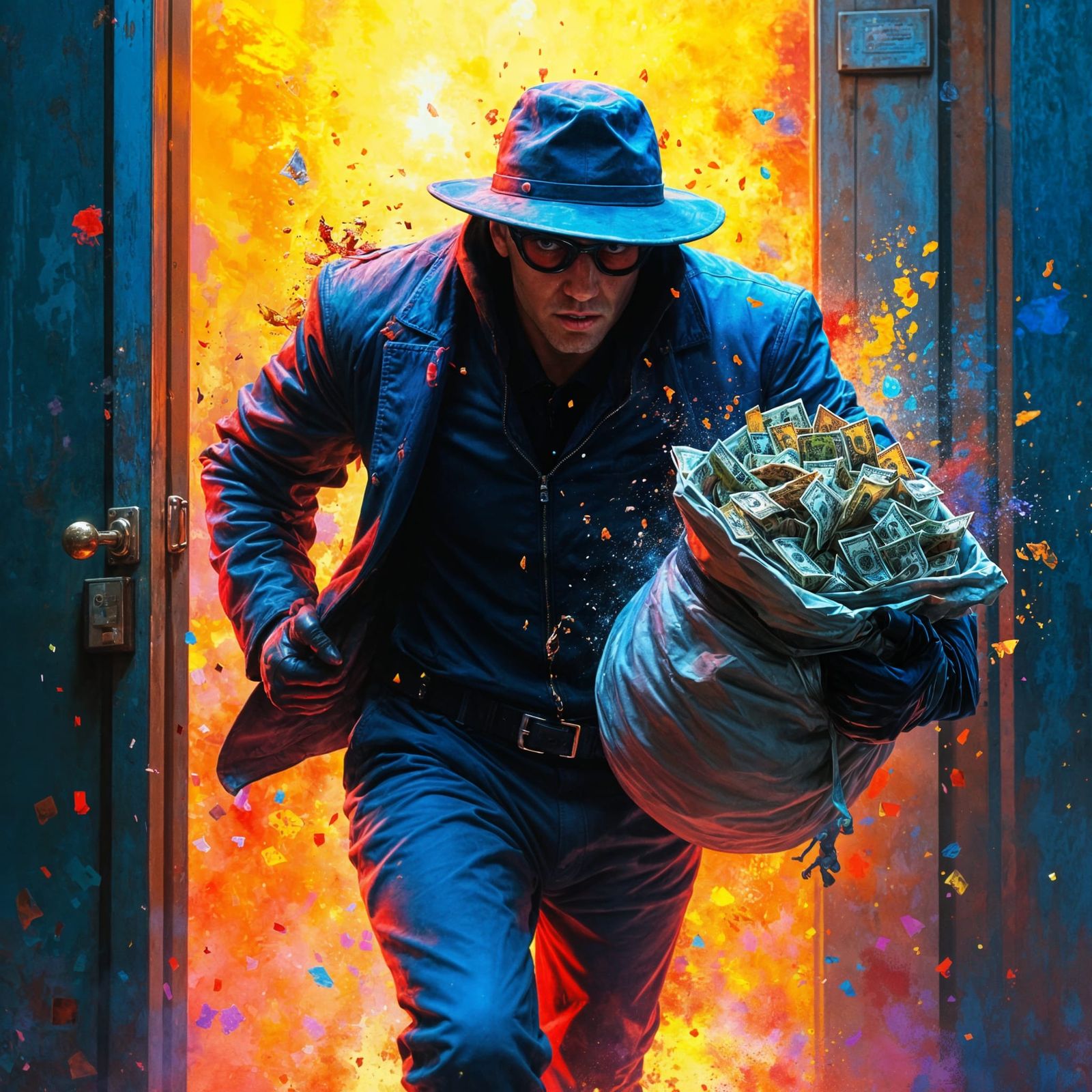 Burglar Escapes Bank With Money Bag Exploding Colorful Ink