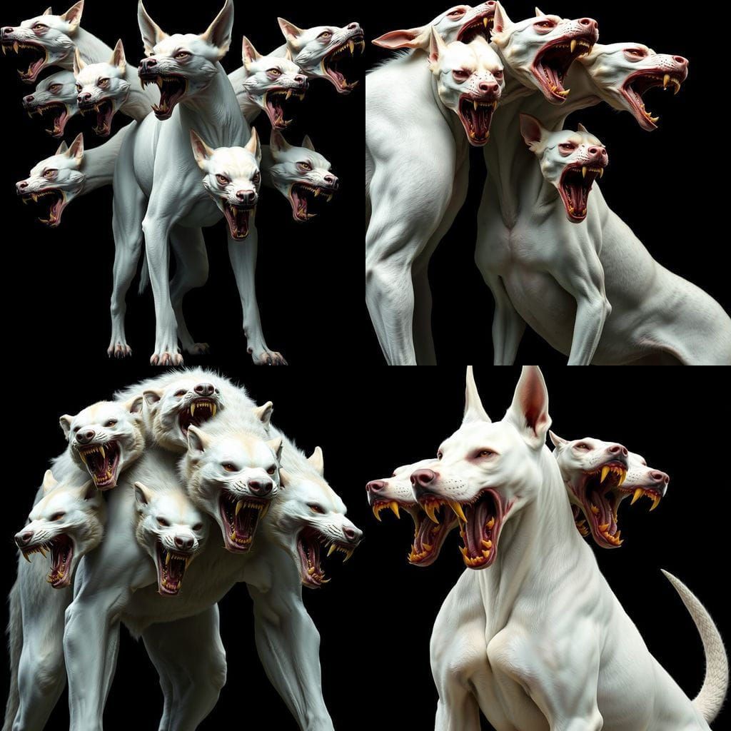 Monstrous Multi-Headed Hound in Hyper-Realistic Surreal Pain...