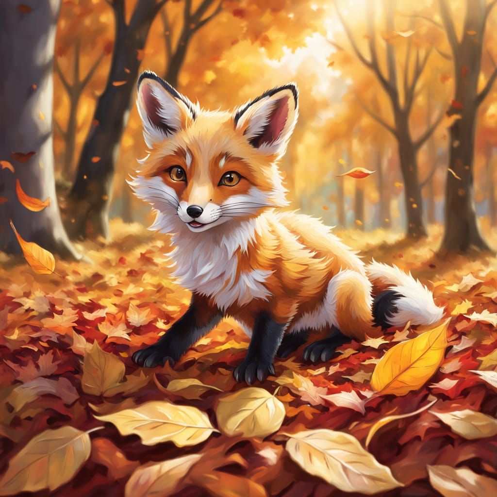A playful fox cub joyfully rolling in a pile of autumn leave...