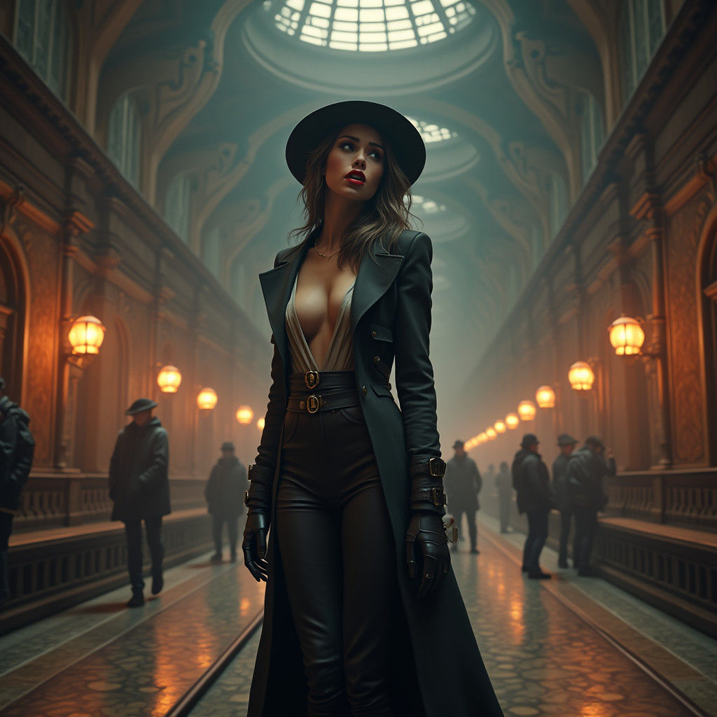 Anxious Woman in Steampunk Station, Dreamlike Concept Art