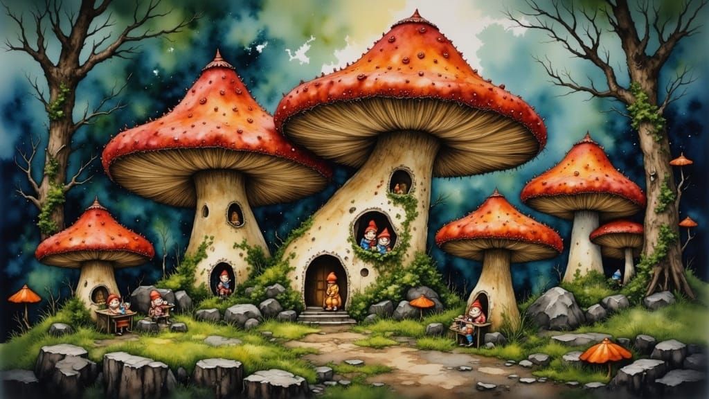 Whimsical Forest Dwarfs in Mushroom Homes, Oil on Wooden Pan...
